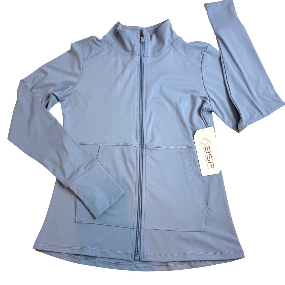 BSP Women Mock Neck Full Zip Athletic Jacket Denim Blue BPTJ145 Small NWT
